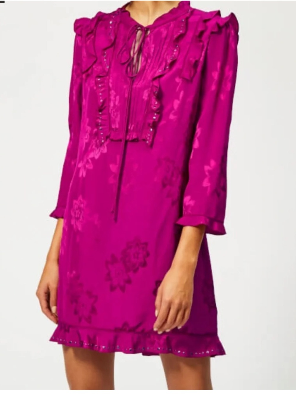 Coach Fuchsia Satin Floral‎ Textured Peasant Dress Designer Ruffles SZ 0 NEW